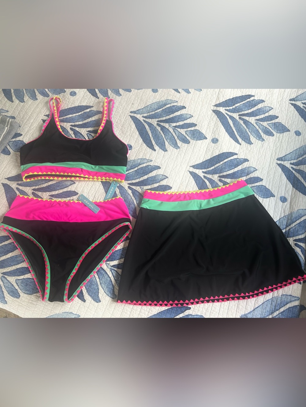 Black Pink and Green Women's Swim Set with Skirt